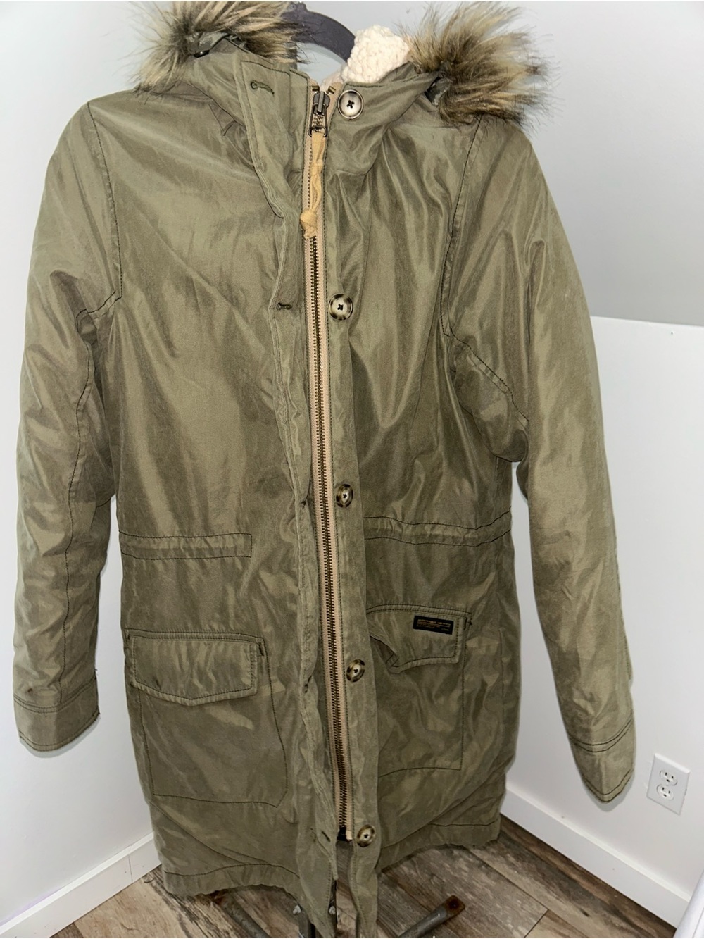 Abercrombie And Fitch Y2 Faux Fur Hooded Parka Shearling Lined Olive Green Large